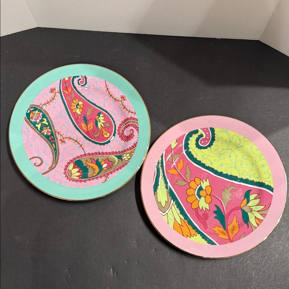 Anthropologie Aqua Pink Paisley Plates Set of 2